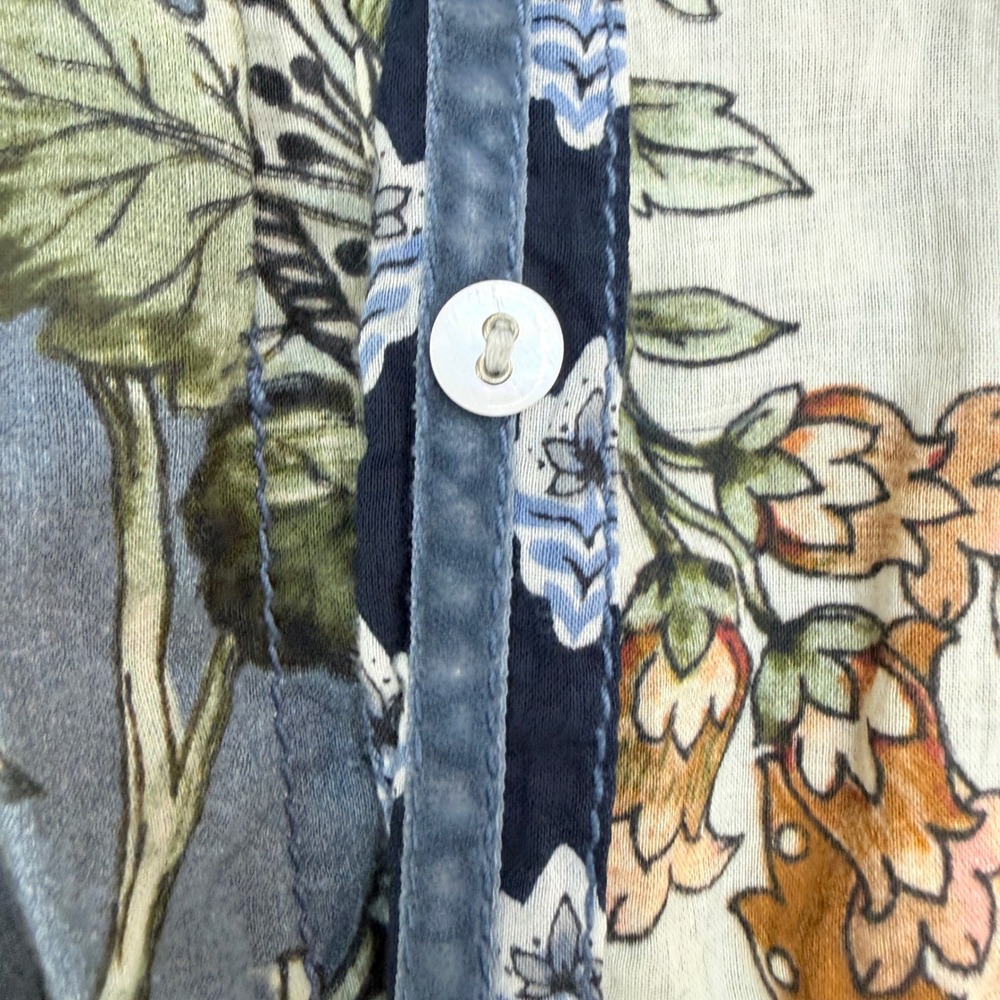 Cino Button Down Shirt Womens Large Blue Floral Patchwork Crinkle Velvet Trim - Picture 7 of 9
